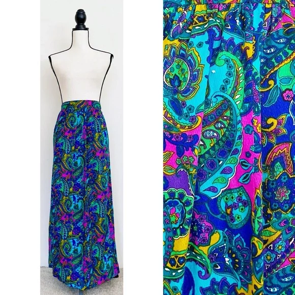 Vintage 70s Handmade Multicolored Paisley Maxi Skirt - Picture 1 of 5